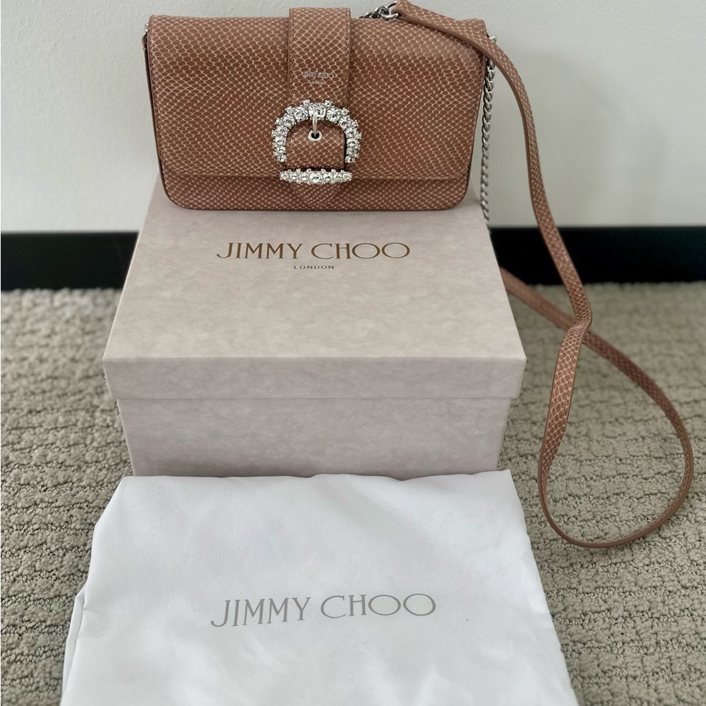 Jimmy Choo Cheri Wallet on Chain – Powder Pink Lizard Embossed Leather